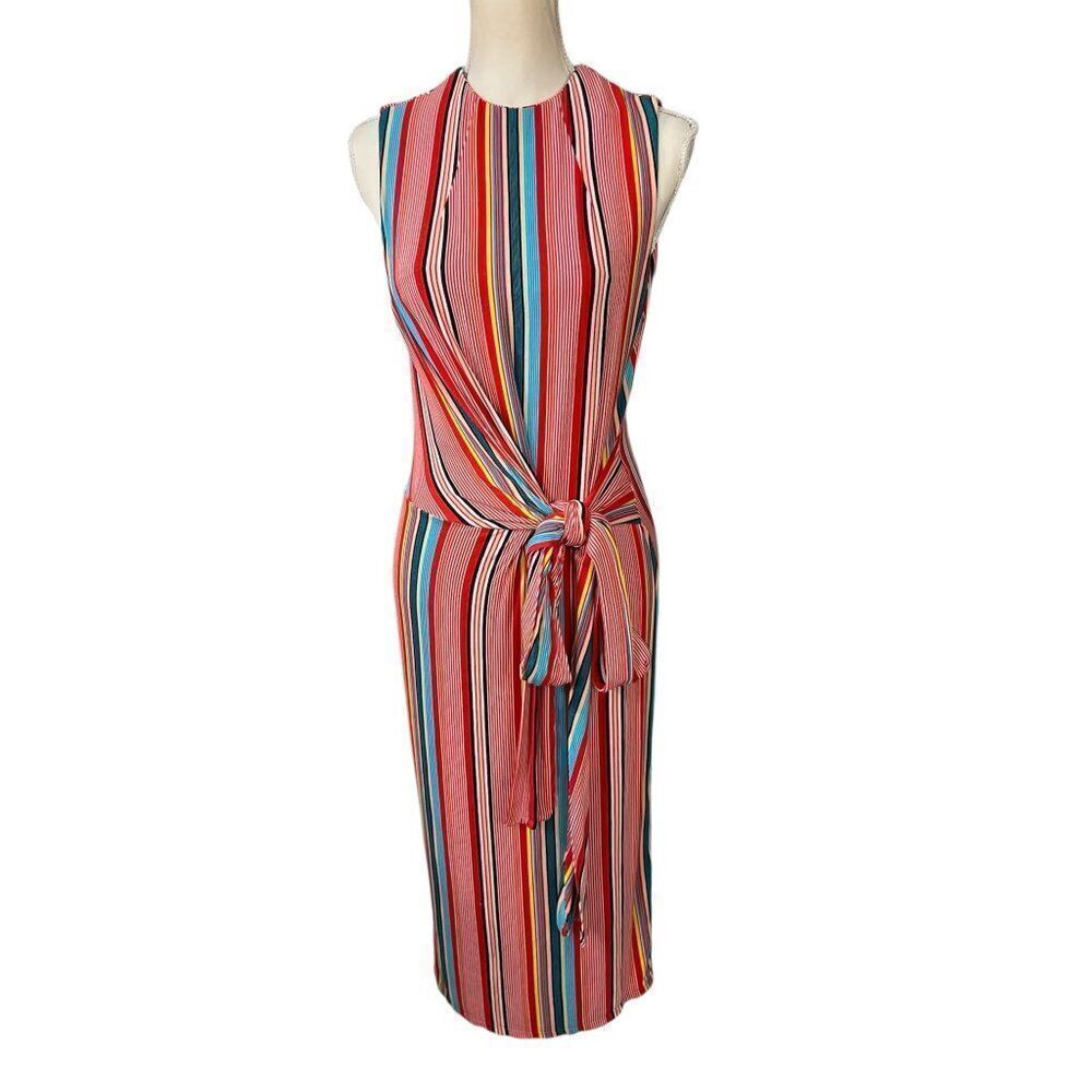 Alice + Olivia Delora Wrap Style Striped Sleeveless Midi Dress Red Size 8